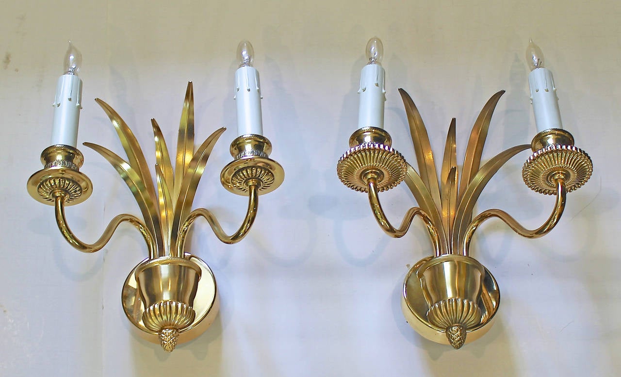 Belgian Pair of Wheat Motif Two-Arm Brass Wall Sconces