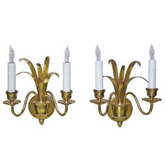 Pair of Wheat Motif Two-Arm Brass Wall Sconces