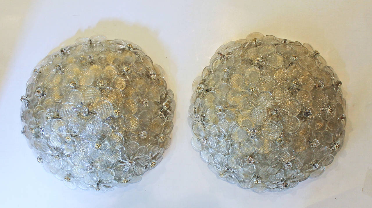 Pair of Murano Round Floral Glass Flush Mount Ceiling Lights