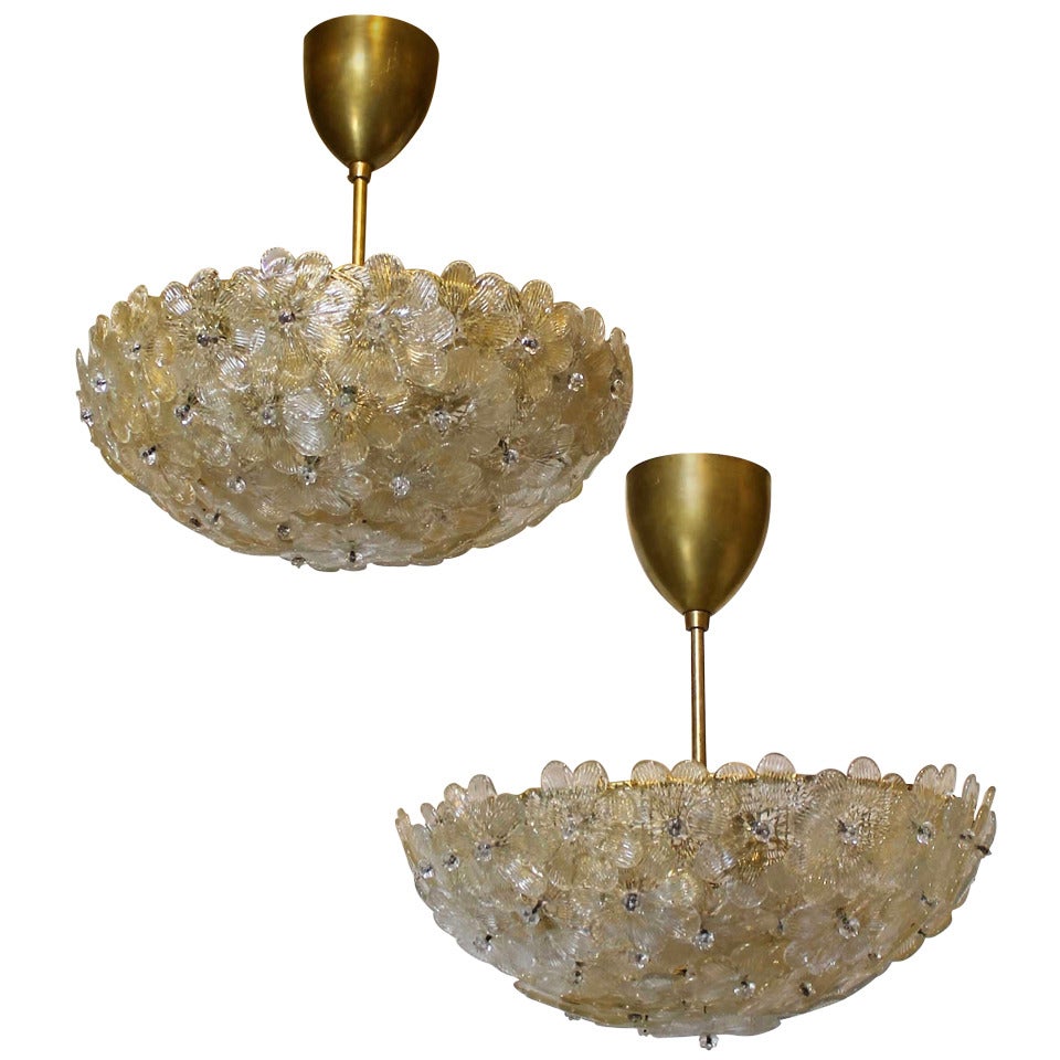 Pair of Barovier Murano Glass Floral Light Ceiling Pendants
