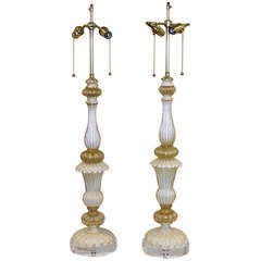 Pair of Murano Italian Glass White Gold Table Lamps