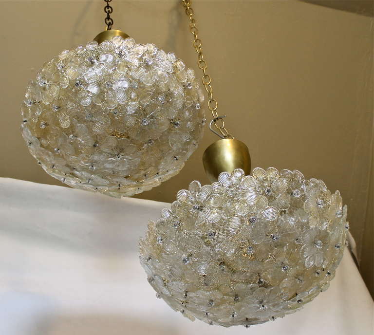 Italian Pair of Barovier Murano Glass Floral Light Ceiling Pendants