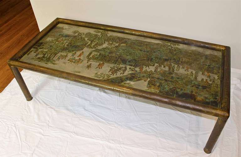 Mid-20th Century Large Philip & Kelvin Laverne Etched Bronze Spring Festival Bamboo Coffee Table