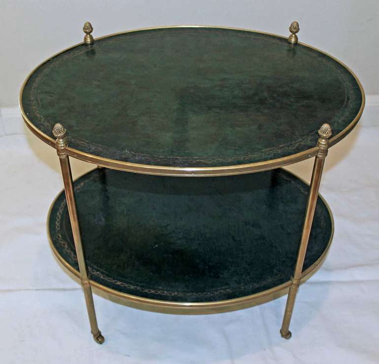20th Century Pair of Regency Brass and Tooled Leather Side Tables