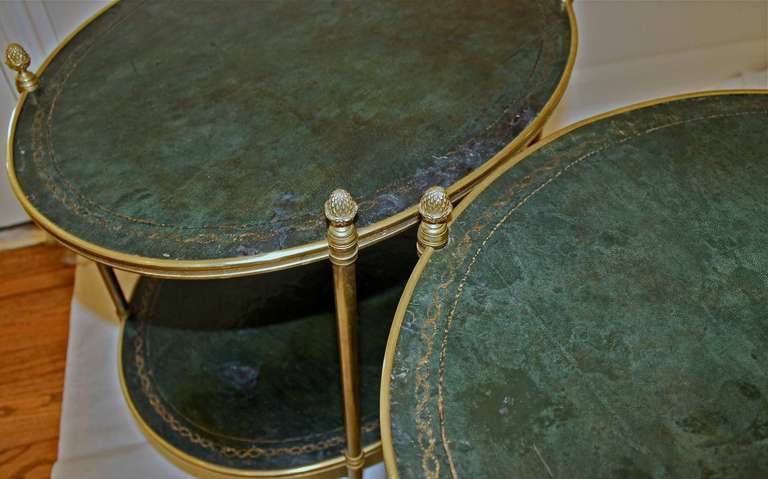 Pair of Regency Brass and Tooled Leather Side Tables In Good Condition In Palm Springs, CA