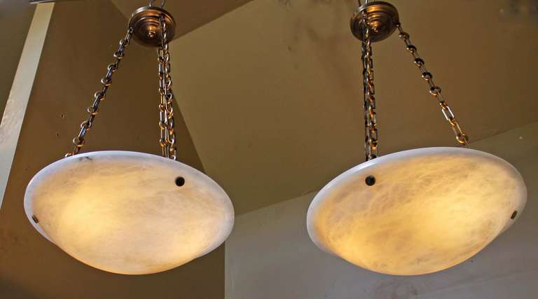 Pair of Directoire Style French Alabaster Chandelier Pendant Lights In Excellent Condition In Palm Springs, CA