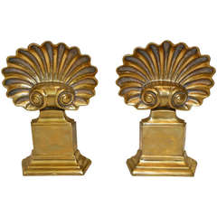 Pair of Brass Shell Form Andirons