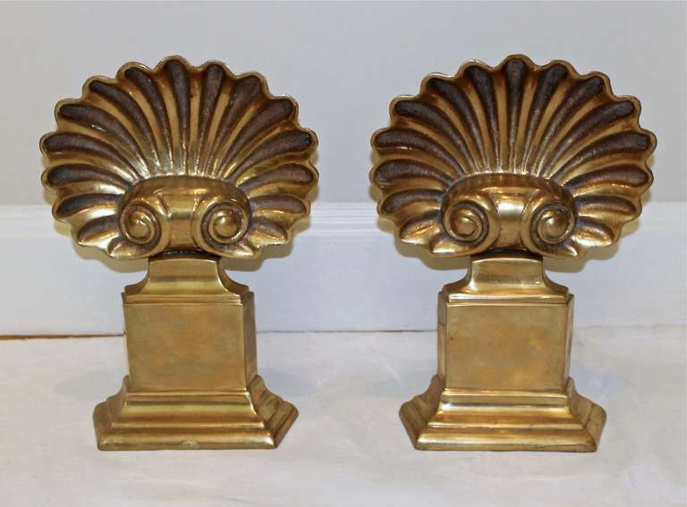 Pair of Brass Shell Form Andirons 1