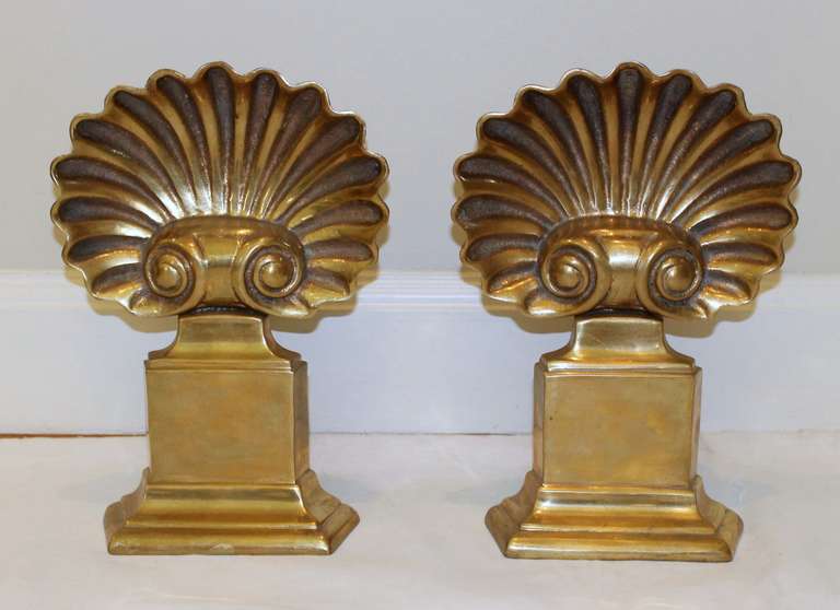 Pair of Brass Shell Form Andirons 4