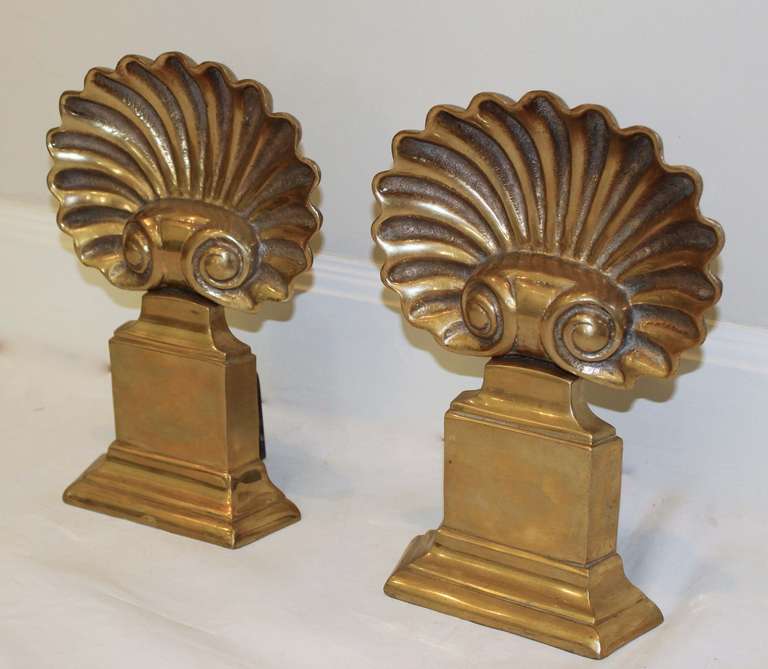 Pair of Brass Shell Form Andirons In Excellent Condition In Palm Springs, CA
