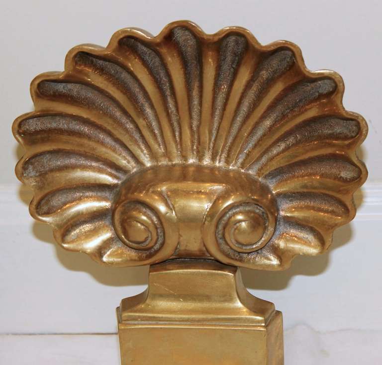 Mid-20th Century Pair of Brass Shell Form Andirons