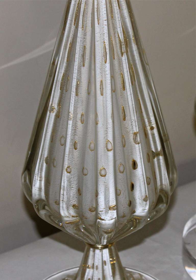 Brass Pair of Murano White and Gold Controlled Bubble Table Lamps