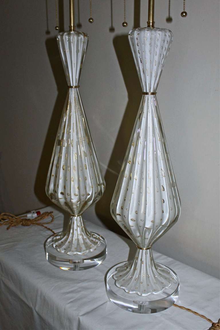 Pair of Murano White and Gold Controlled Bubble Table Lamps 2