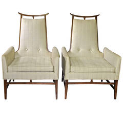 Rare James Mont Style Asian Inspired Walnut Lounge Chairs