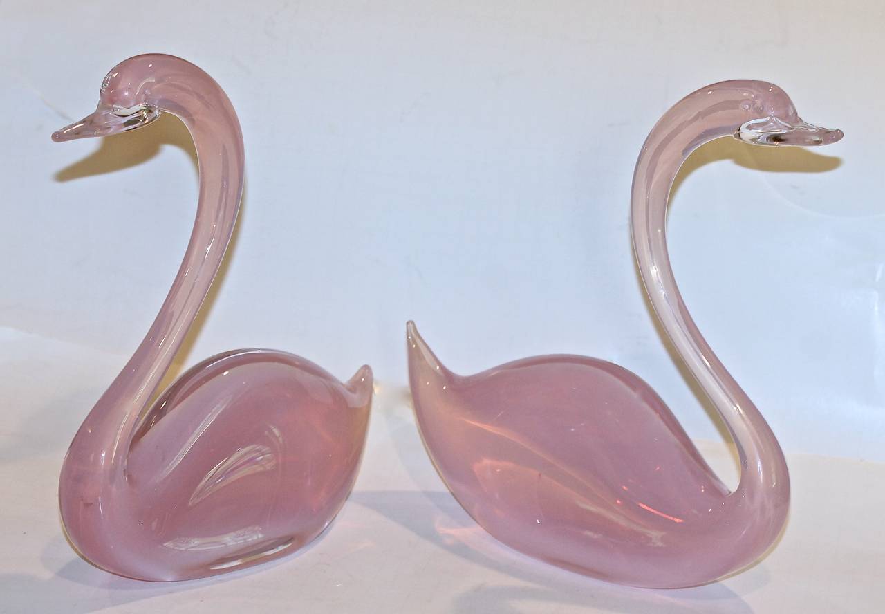 Pair large Italian hand blown pink opalescence glass swans by Oggetti for Barbini, signed.