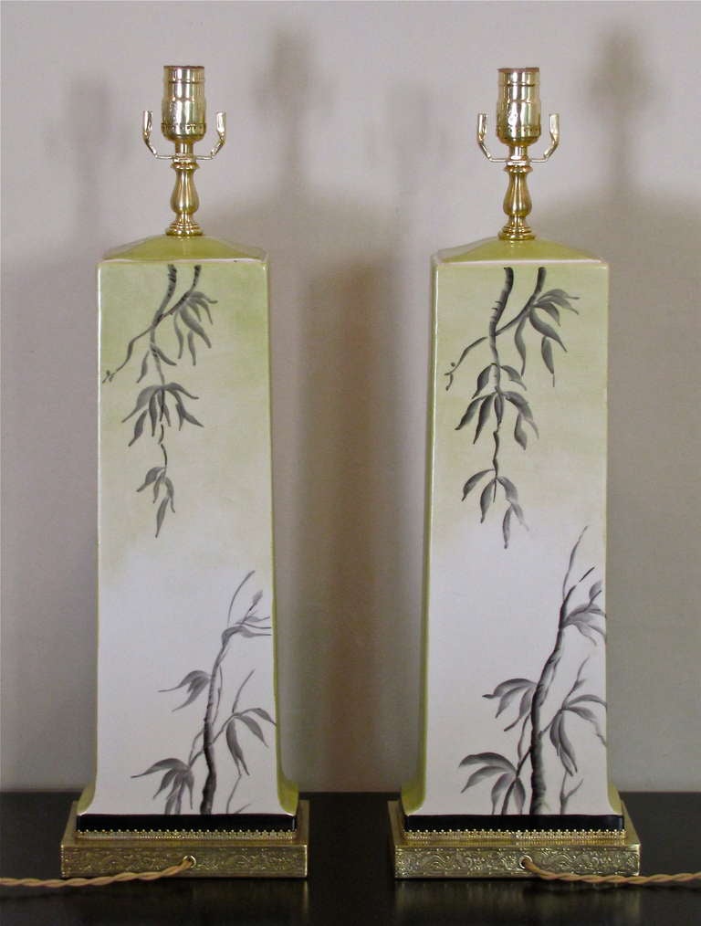 Pair of James Mont Style Asian Inspired Painted Ceramic Lamps In Good Condition In Palm Springs, CA