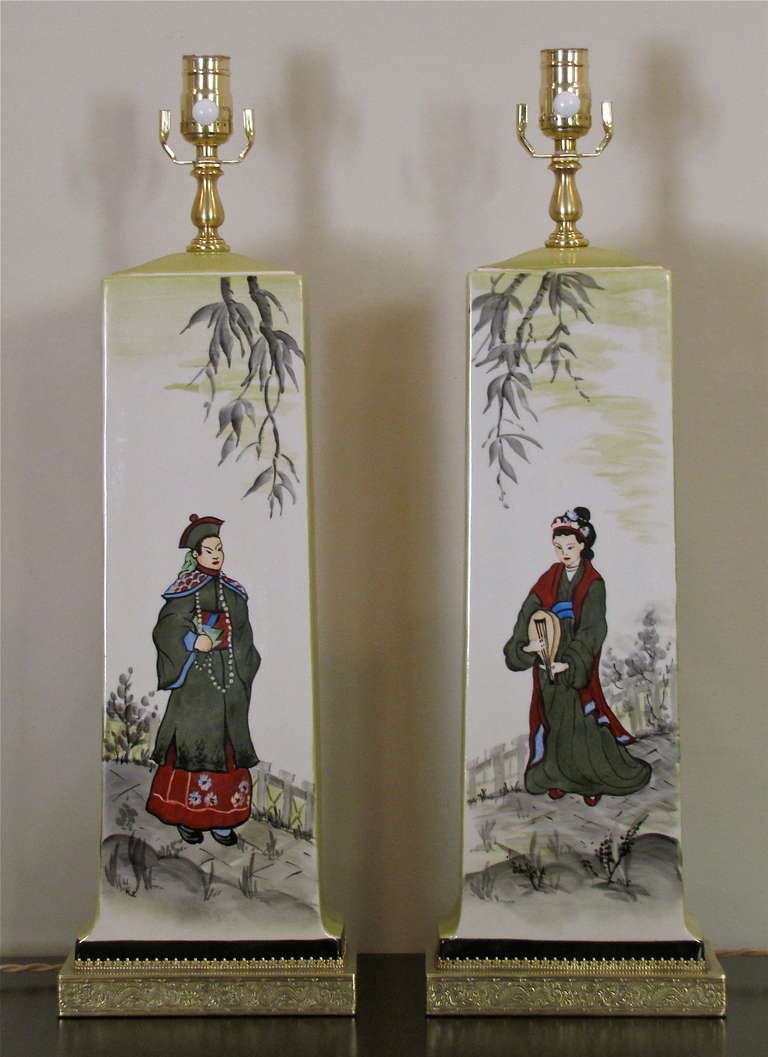Pair of James Mont Style Asian Inspired Painted Ceramic Lamps 4