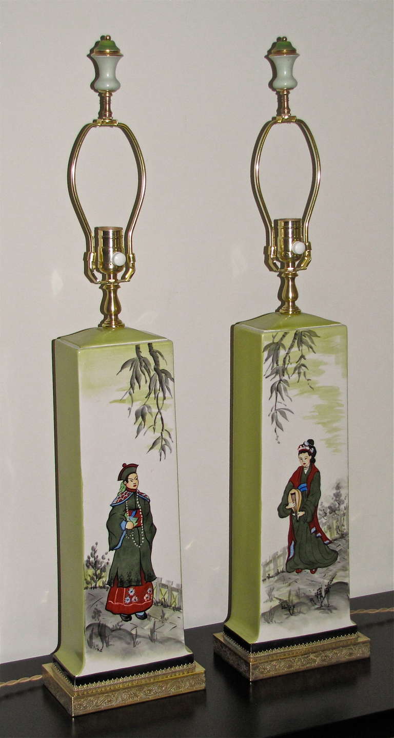 American Pair of James Mont Style Asian Inspired Painted Ceramic Lamps