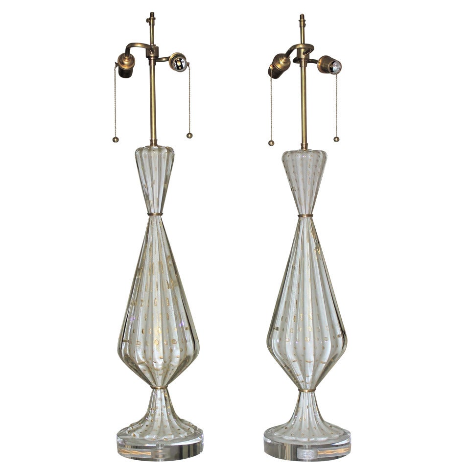 Pair of Murano White and Gold Controlled Bubble Table Lamps