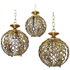 Trio of Circle Motif Brass Pendant Lights 2