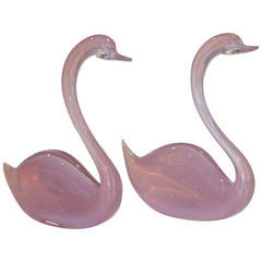 Pair of Large Murano Oggetti Barbini Opalescent Glass Swans