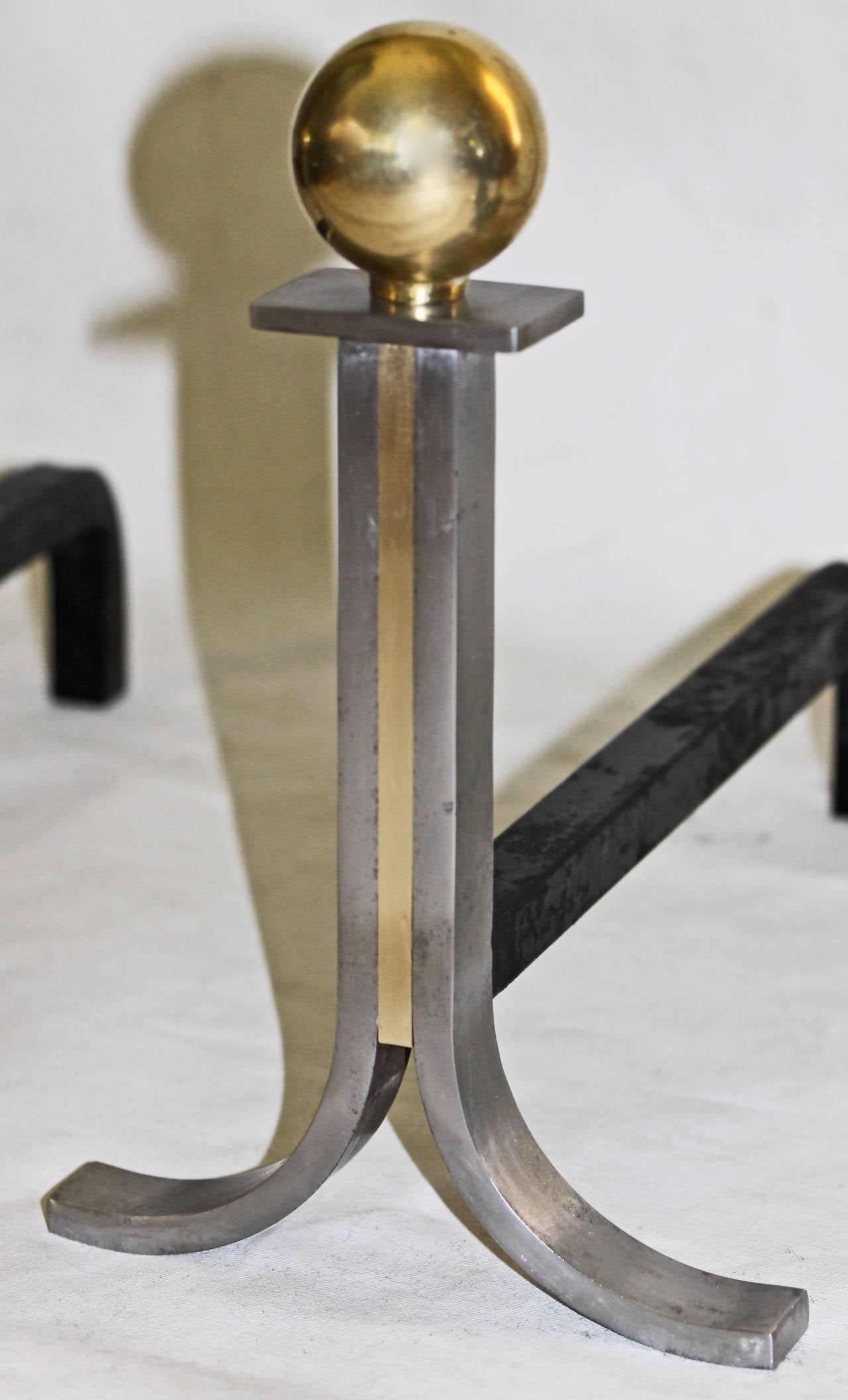 Modern French Brushed Steel and Brass Fireplace Andiron Set at 1stDibs