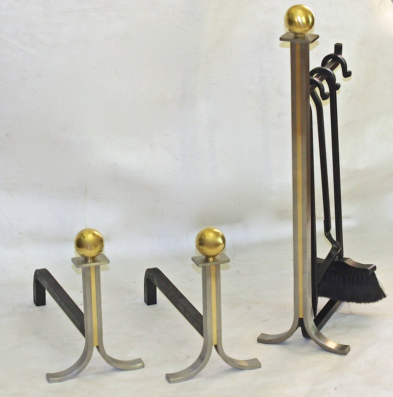 Modern French Brushed Steel and Brass Fireplace Andiron Set at 1stDibs