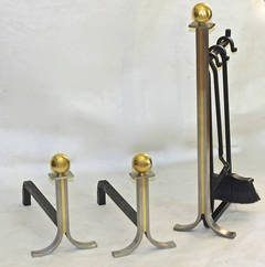 Modern French Brushed Steel and Brass Fireplace Andiron Set