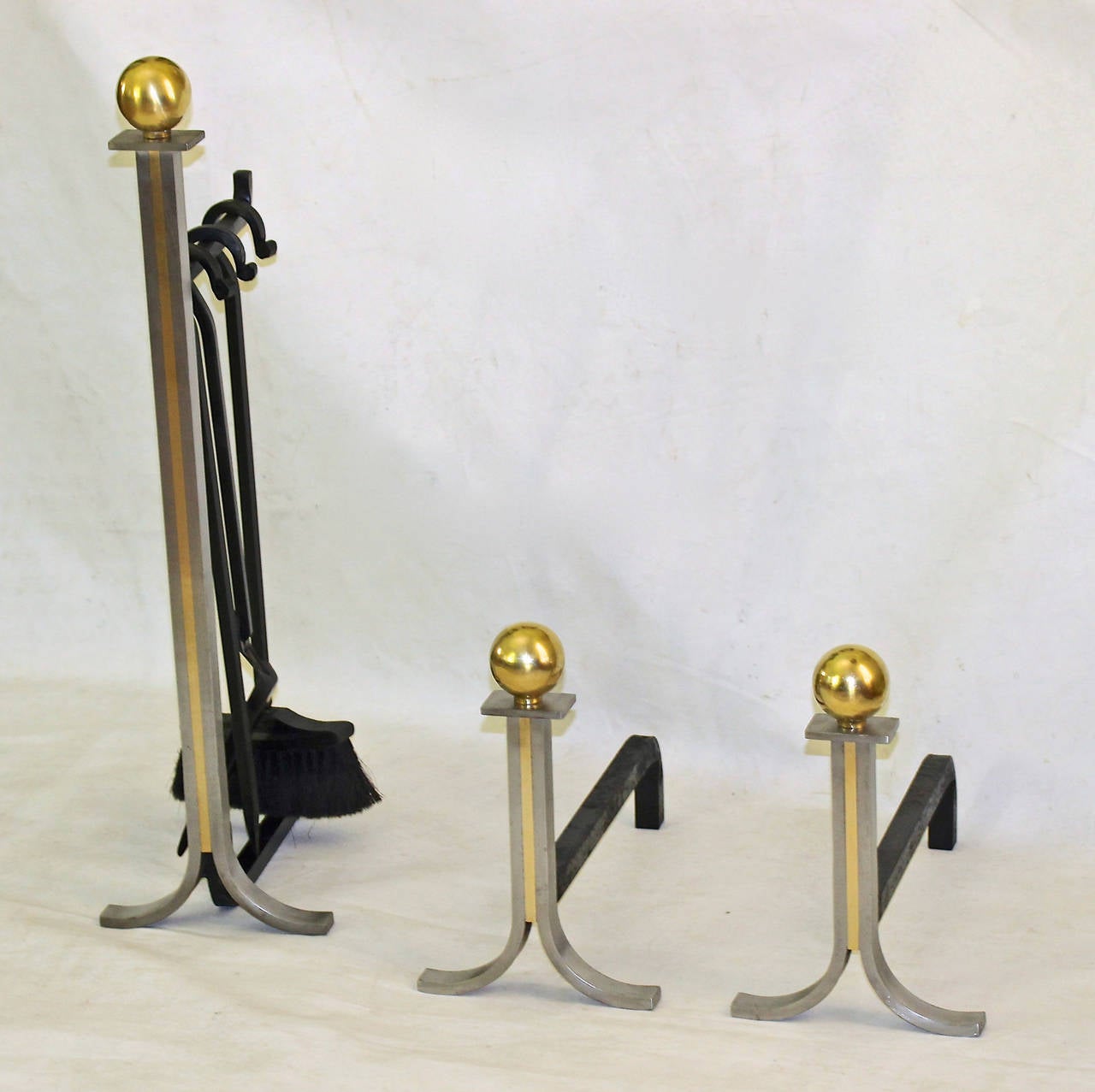 Modern French Brushed Steel and Brass Fireplace Andiron Set at 1stDibs