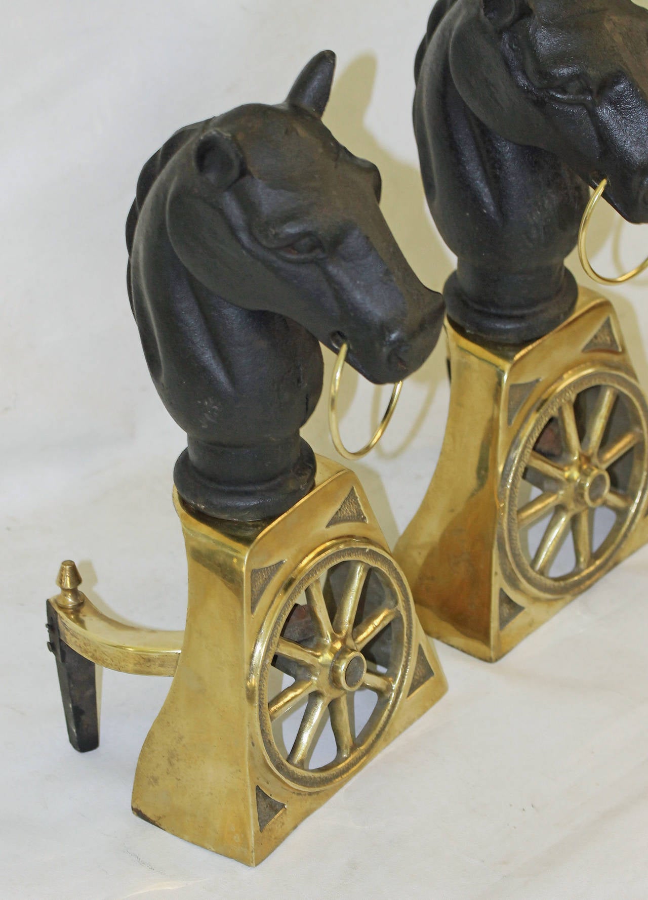 Pair of Brass and Cast Iron Horse Equestrian Andirons 3