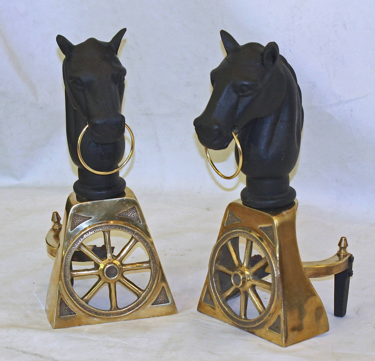 Pair of Brass and Cast Iron Horse Equestrian Andirons In Good Condition In Palm Springs, CA