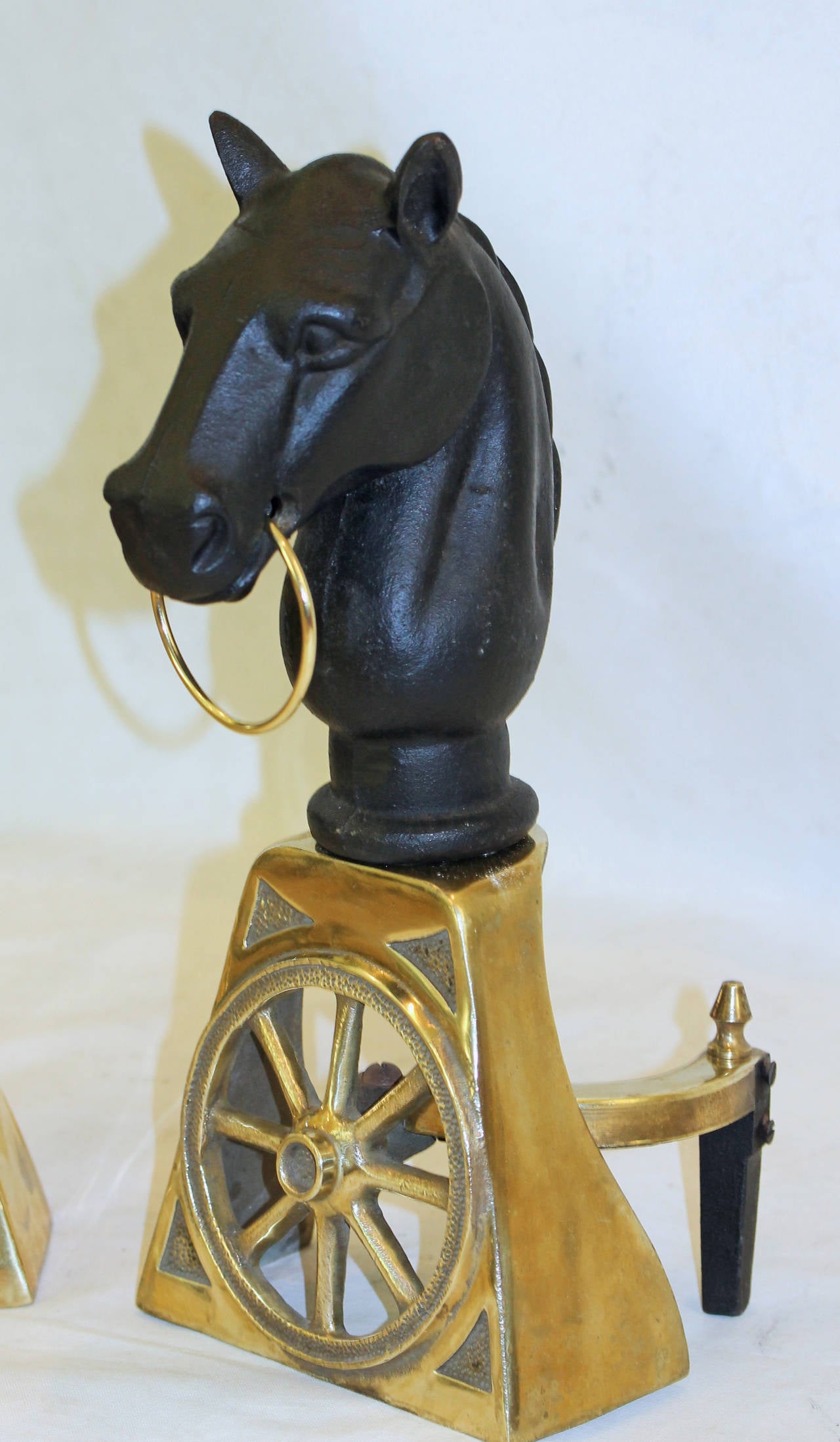 Pair of Brass and Cast Iron Horse Equestrian Andirons 1