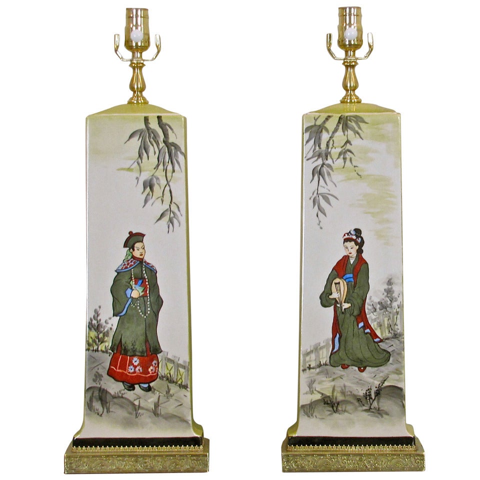 Pair of James Mont Style Asian Inspired Painted Ceramic Lamps