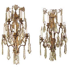 Pair French Louis XV Crystal And Bronze Wall Sconces