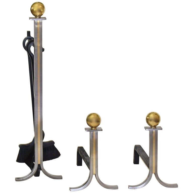 Modern French Brushed Steel and Brass Fireplace Andiron Set at 1stDibs