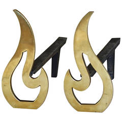 Pair of Modern Flame Shape Brass Andirons 2