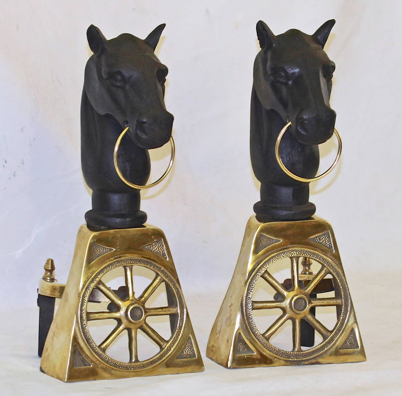 Pair of Brass and Cast Iron Horse Equestrian Andirons 5