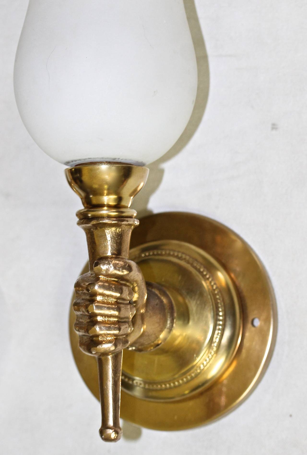 Mid-20th Century John Devoluy Hand Torch Bronze Wall Sconces