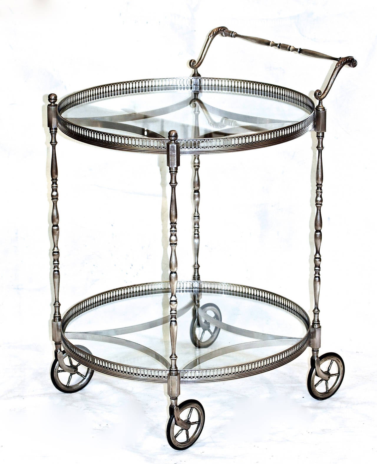 French Antiqued Nickel Two-Tier Bar Cart