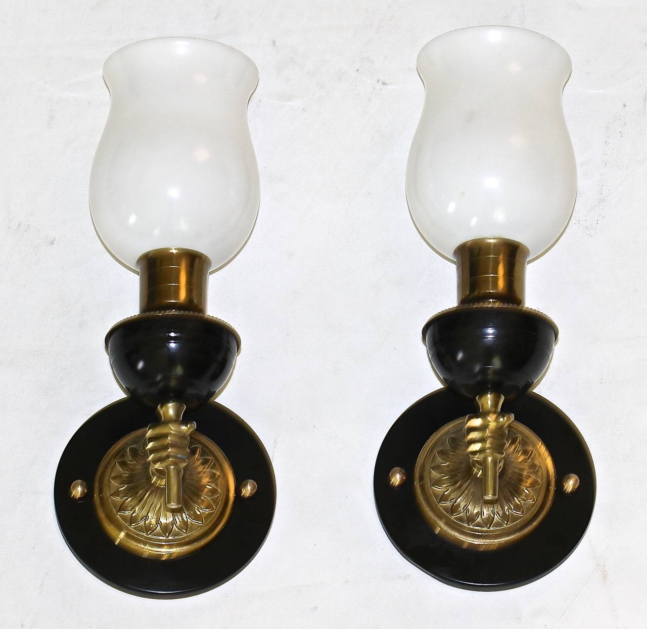 John Devoluy French Hand Torch Bronze Wall Sconces