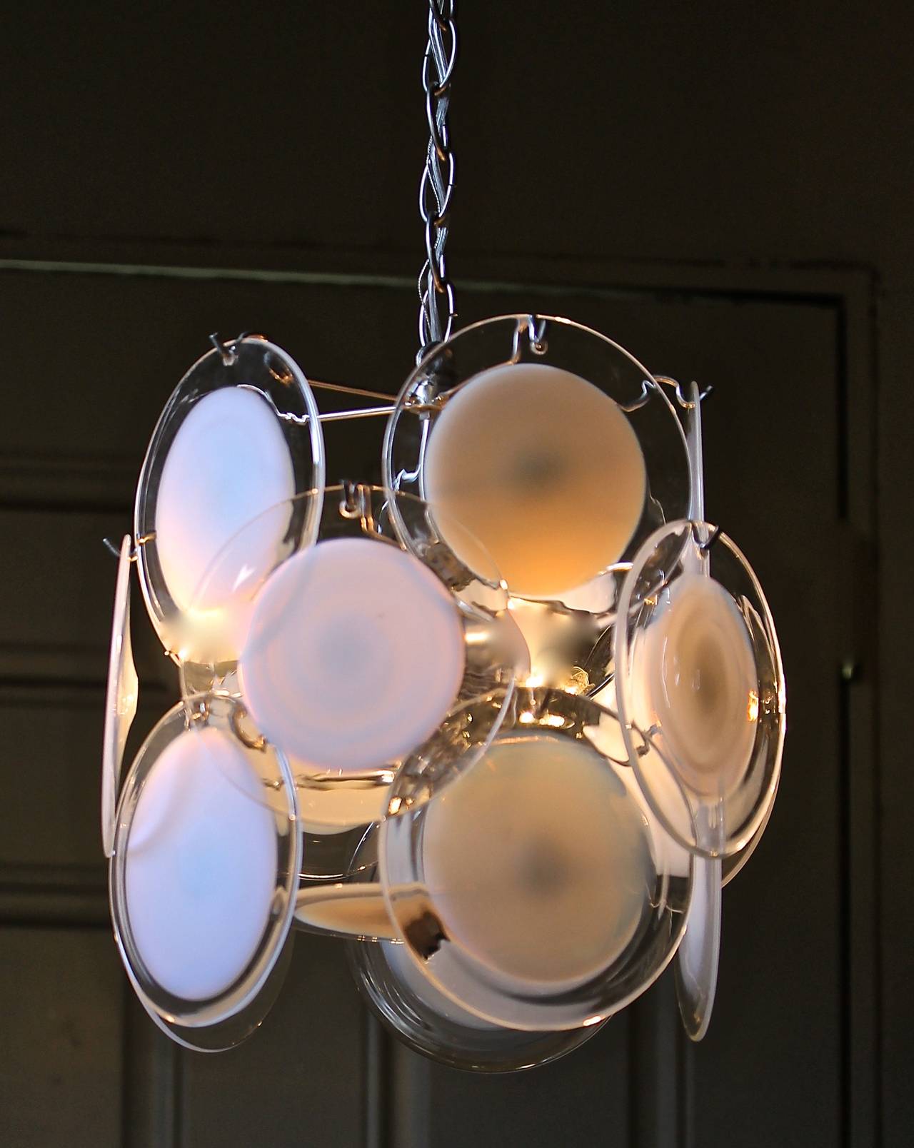 Mid-20th Century Vistosi Murano Clear White Disc Chandelier