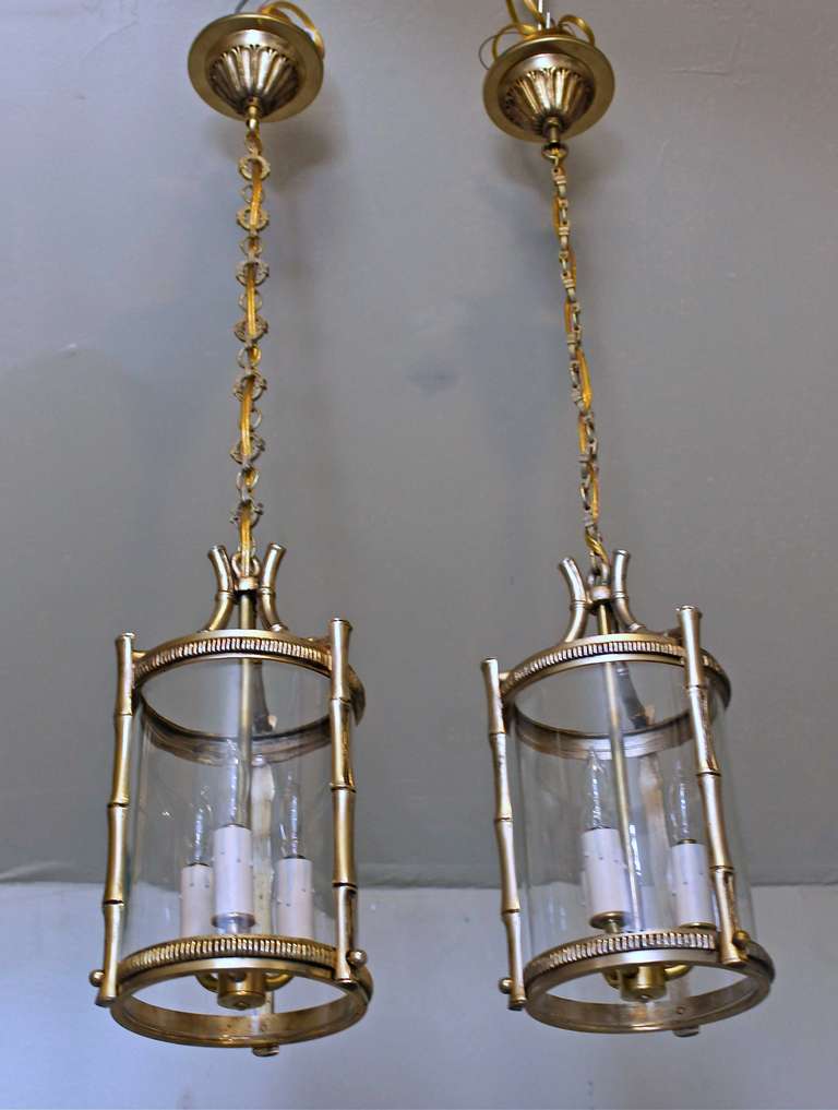 Pair French Brass Faux Bamboo Pendant Lights 2