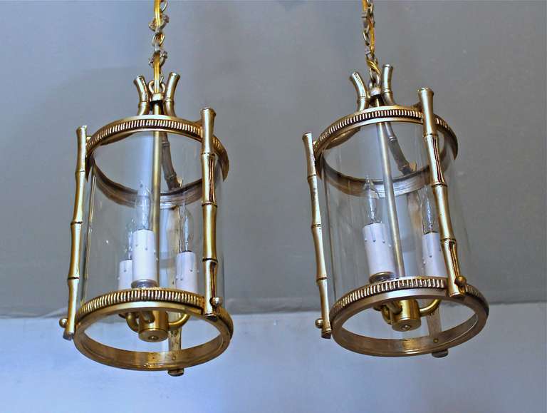 Plated Pair French Brass Faux Bamboo Pendant Lights