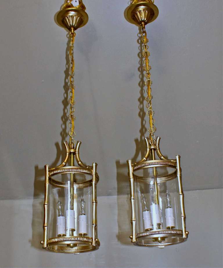 Pair French Brass Faux Bamboo Pendant Lights 4