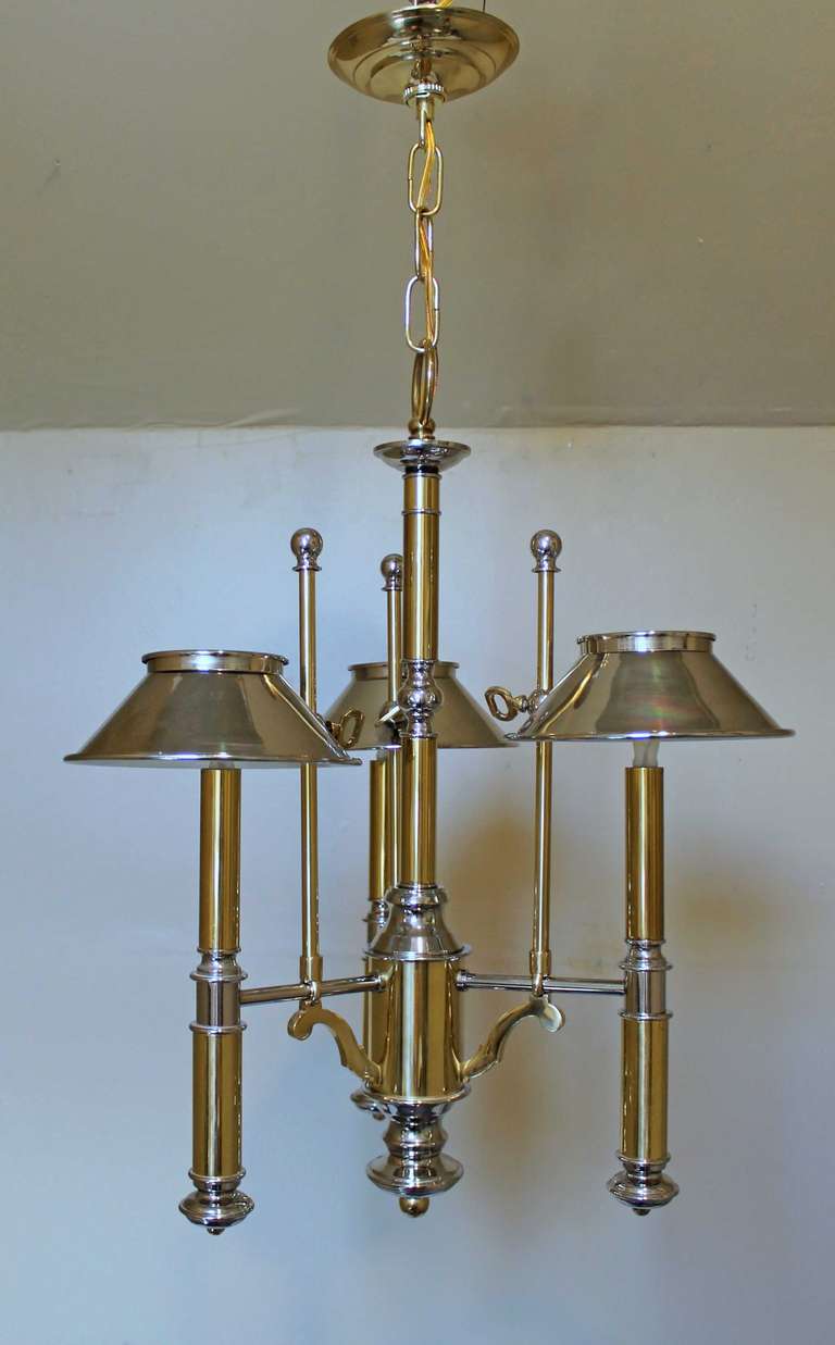 American Lightolier Bouillotte Chandelier in Polished Brass and Nickel For Sale