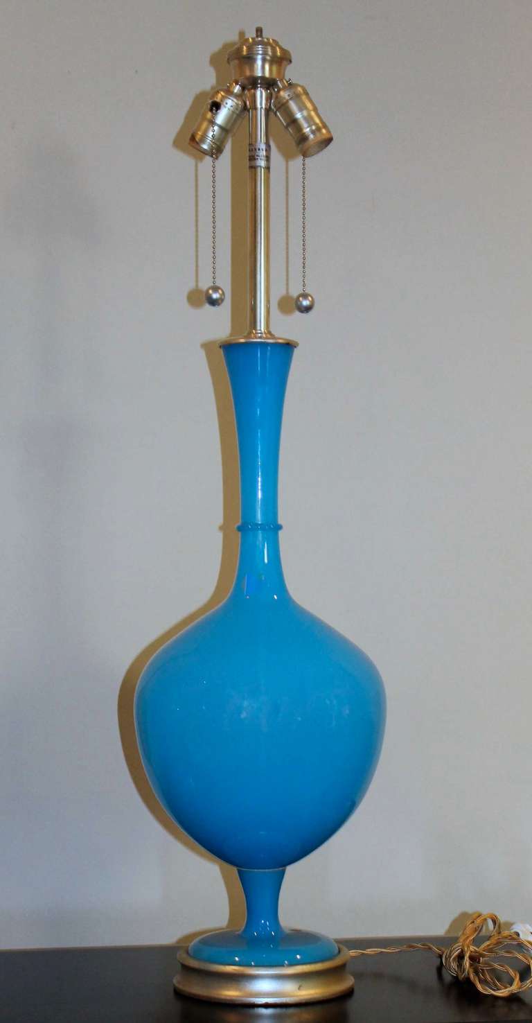 Metal Large Pair of Vibrant Blue Swedish Blown Glass Table Lamps by Marbro