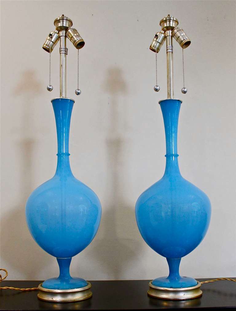Large Pair of Vibrant Blue Swedish Blown Glass Table Lamps by Marbro 4