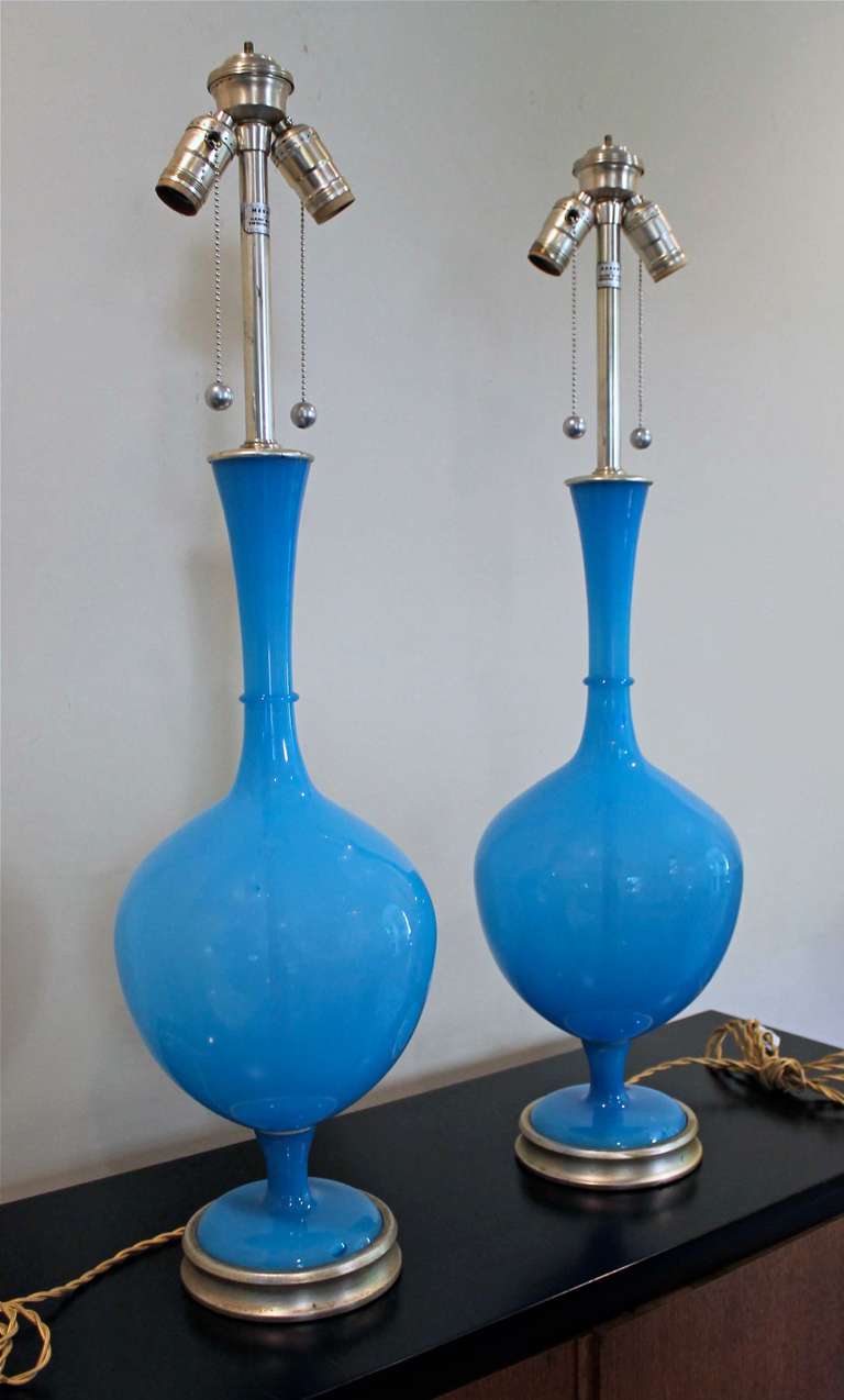 Mid-20th Century Large Pair of Vibrant Blue Swedish Blown Glass Table Lamps by Marbro