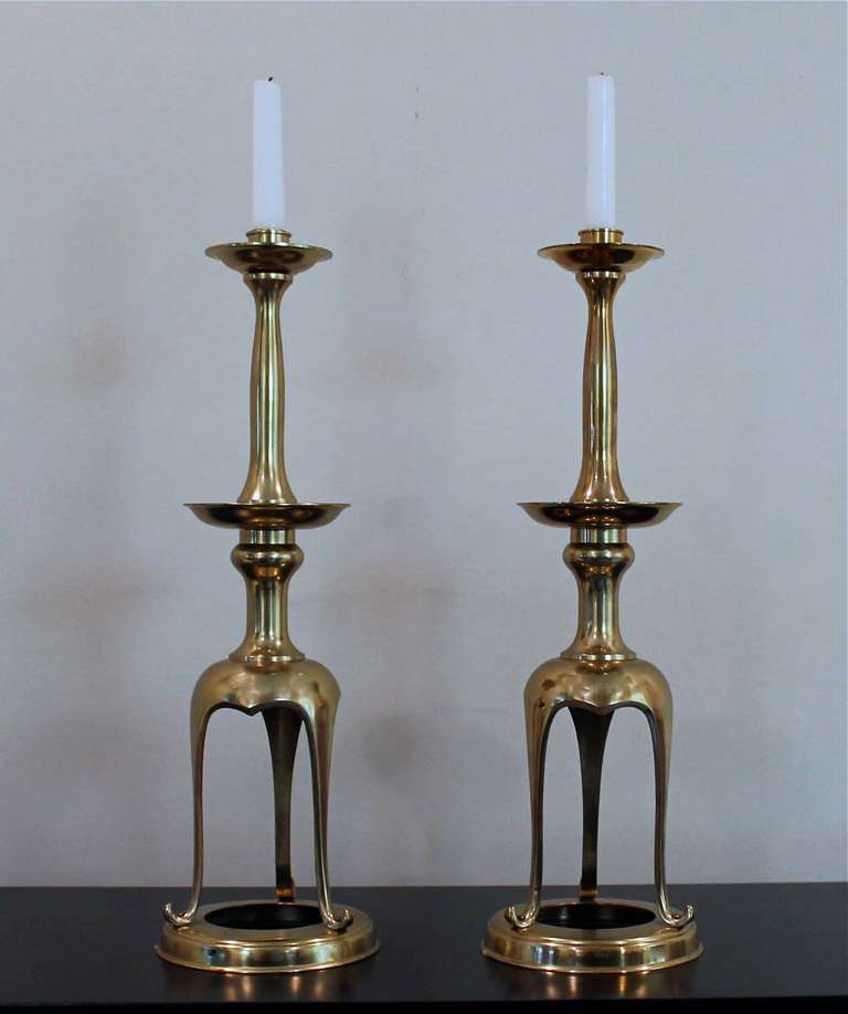 Pair of Tall Japanese Brass Candlesticks 3