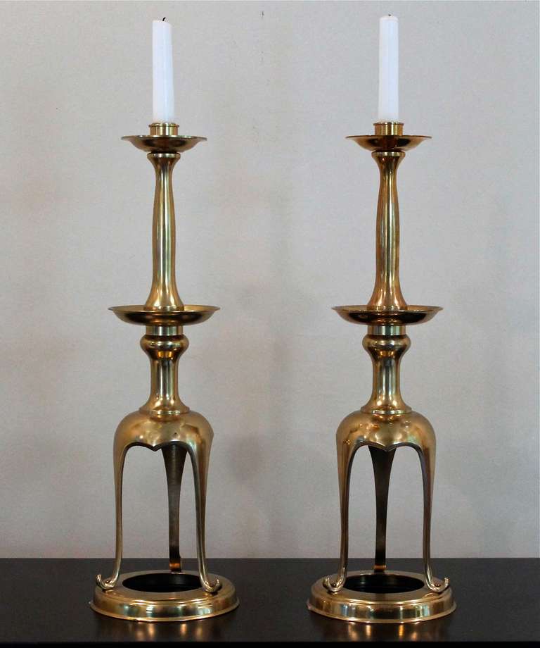 Pair of Tall Japanese Brass Candlesticks In Excellent Condition In Palm Springs, CA